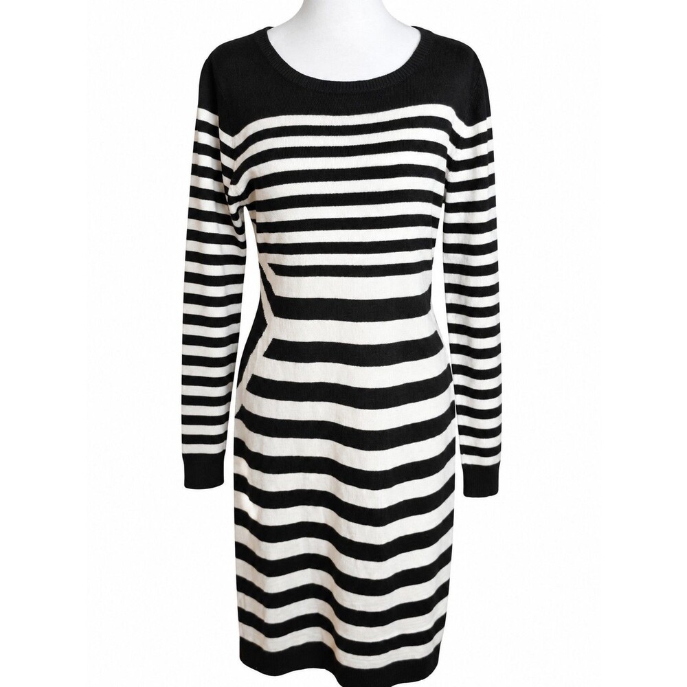Calvin Klein NWT Black White Striped Sweater Dress Large Quiet Luxury Minimalist